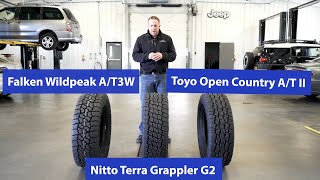 AT Tire Comparison Nitto Terra Grappler G2 vs Toyo Open Country ATII vs Falken Wildpeak AT3W [upl. by Enrobyalc]