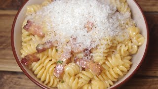 How To Make Chunky Bacon Fusilli Carbonara  Recipe [upl. by Nylarak730]