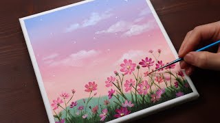 Cosmos Flowers  Landscape  Easy acrylic painting for beginners  PaintingTutorial  Painting ASMR [upl. by Enajaras]