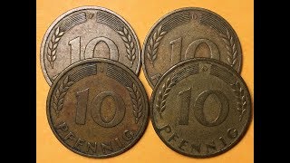 Germany 10 Pfennig Coins 1950 Collection of Mint Marks [upl. by Larsen]